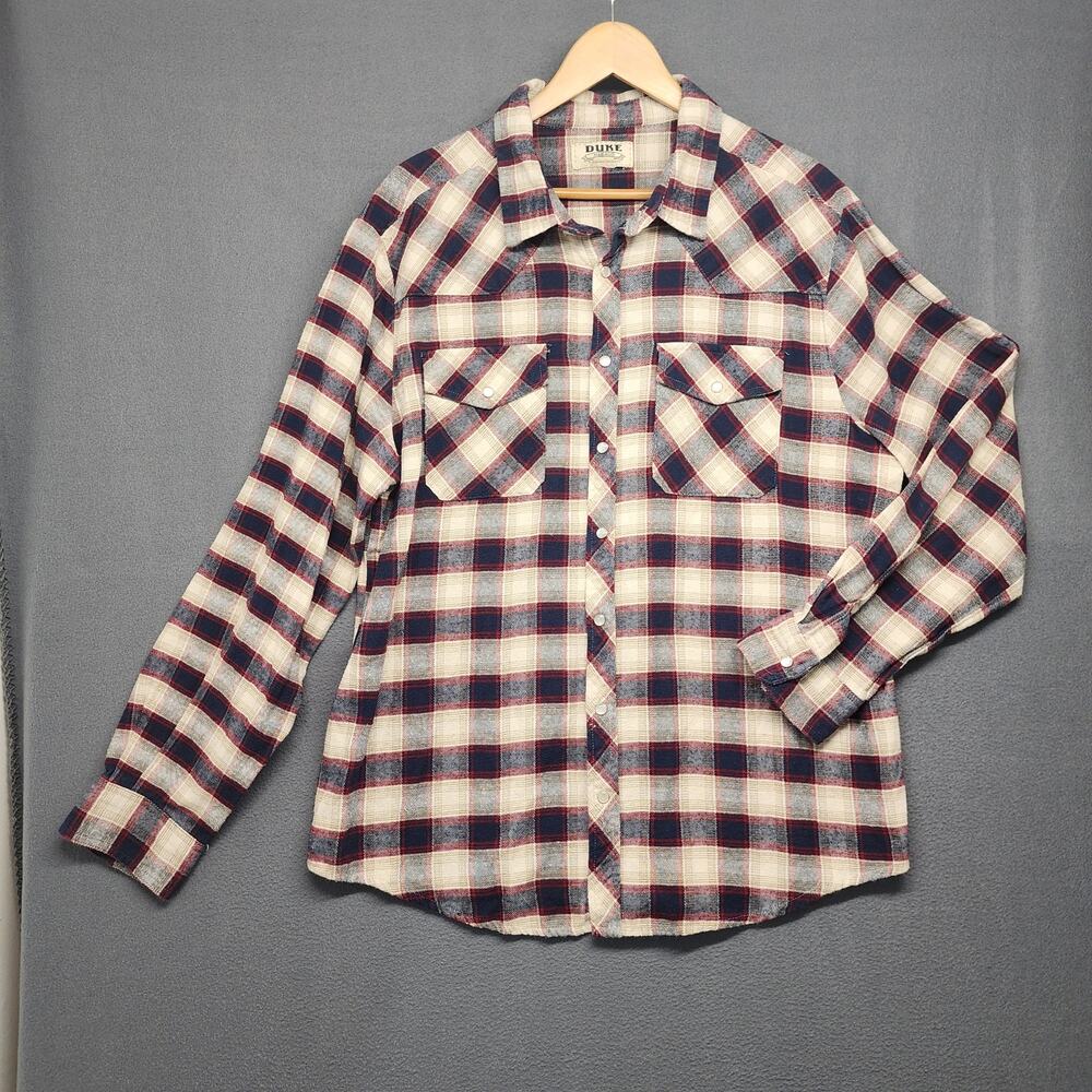 Vintage Duke Haband Flannel Shirt Mens XL Blue Red Plaid Pearl Snap Western